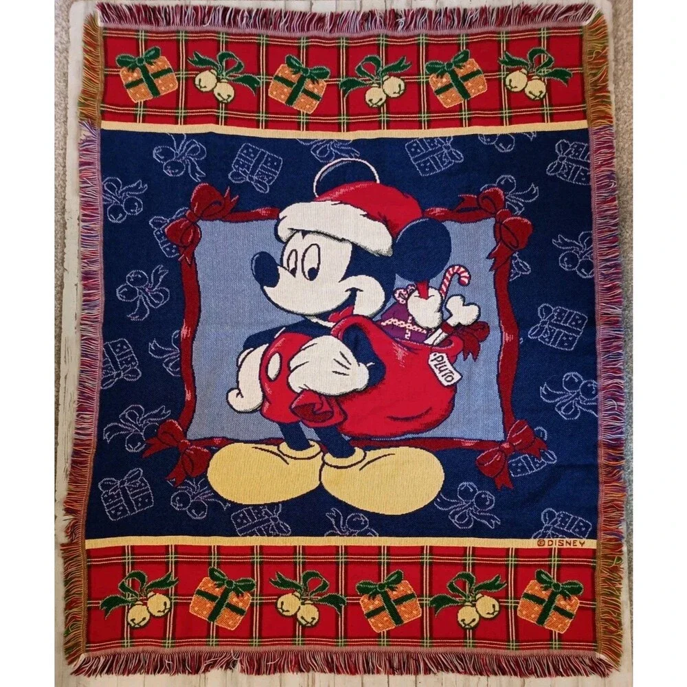 Vintage Disney Mickey Mouse Christmas Throw Blanket Santa Woven Tapestry 43